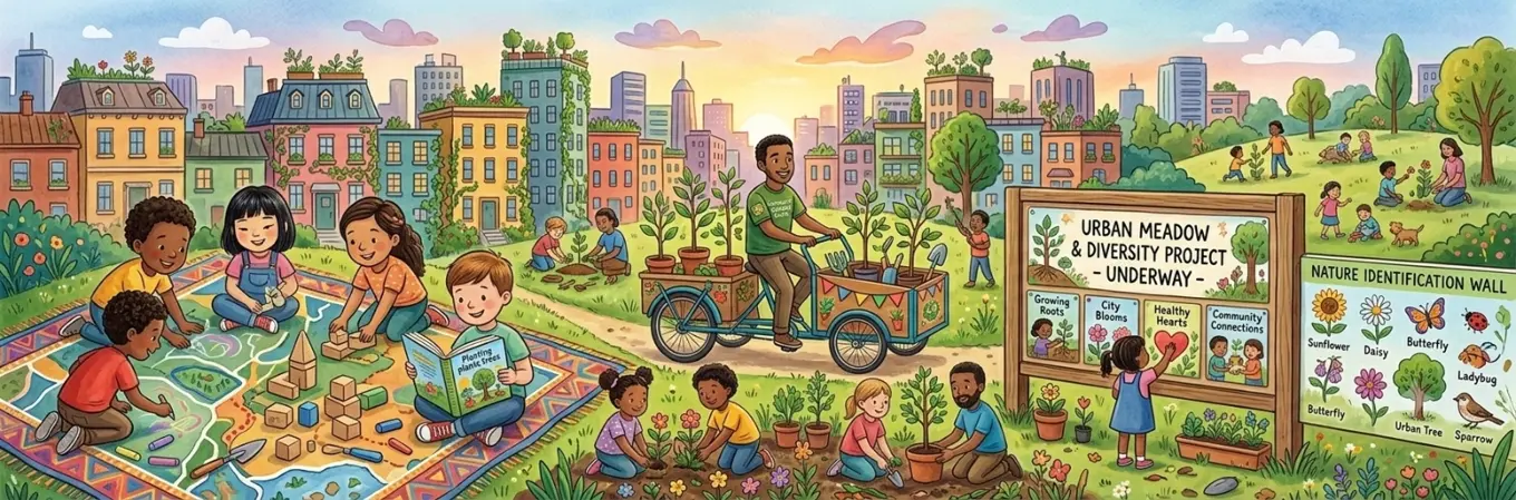 A colorful illustrated city meadow where children read, build, draw with chalk and plant trees together